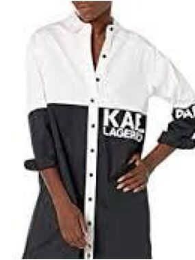 Karl Lagerfeld Black and White Colorblock Shirt Dress with Logo